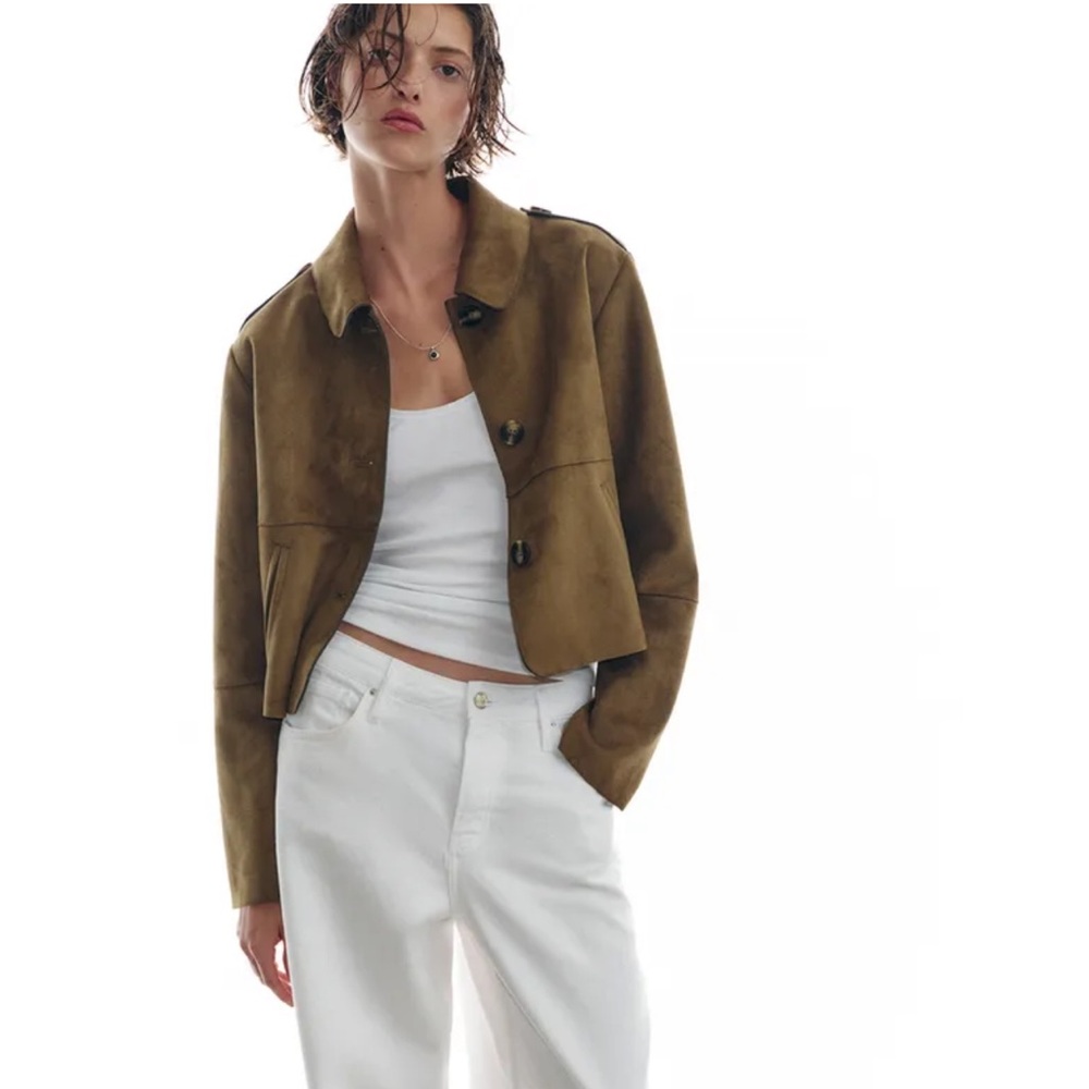 NWT Zara Faux Suede Short Utility Jacket Lapel Collar Pockets Brown Womens XL